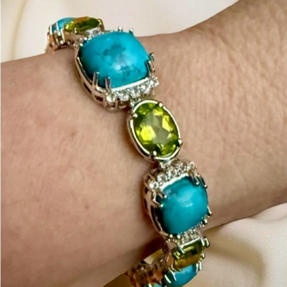 Generation Gems Genuine Turquoise & Peridot 925 Sterling Silver 7.5” Bracelet